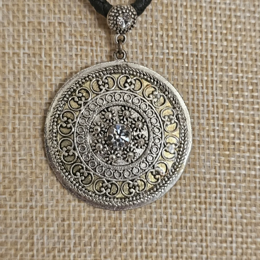 Lia Sophia Silver Medallion Necklace on Black Cord